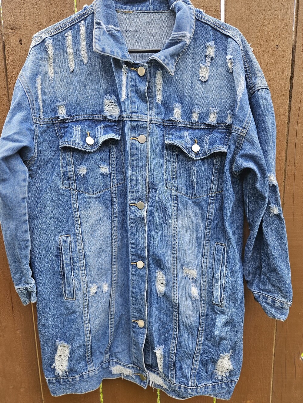 Denim Distressed Long Jacket - Blue Size M